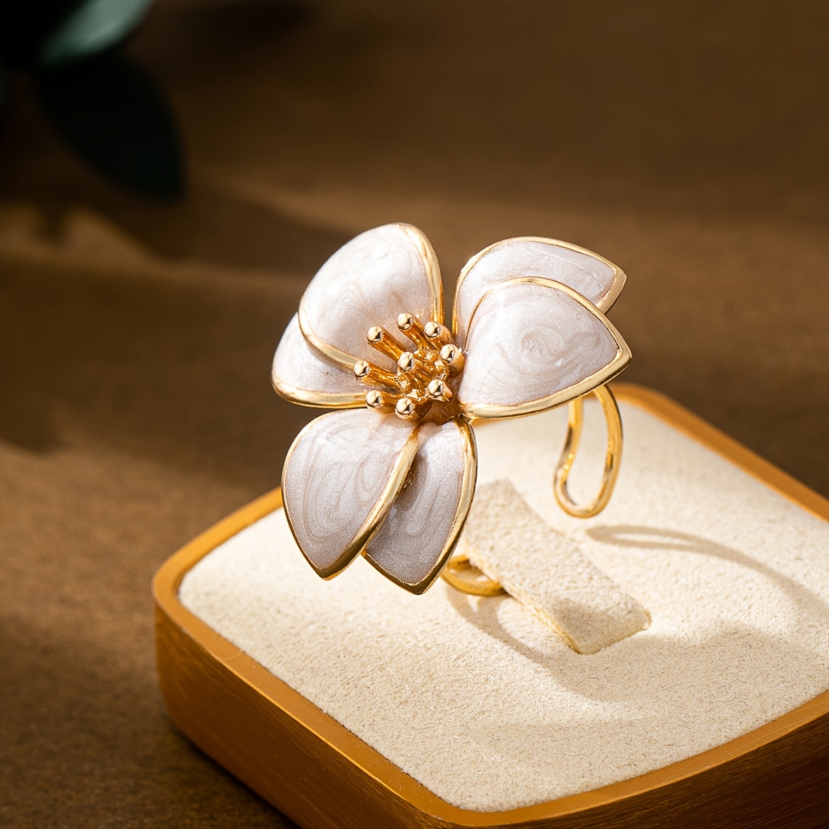 Enamel Flower Ring Green Marble Golden Tone Metal Open Ring